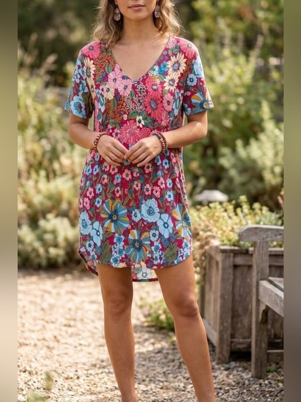 NATURAL LIFE Floral V-Neck Short Sleeve Tunic Dress Colorful Boho M